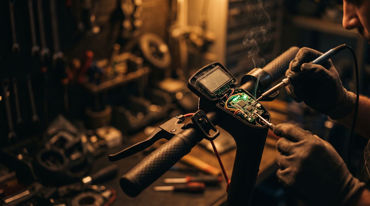 Lenker eines E-Scooters mit geöffnetem Display, die Controller-Platine wird gelötet